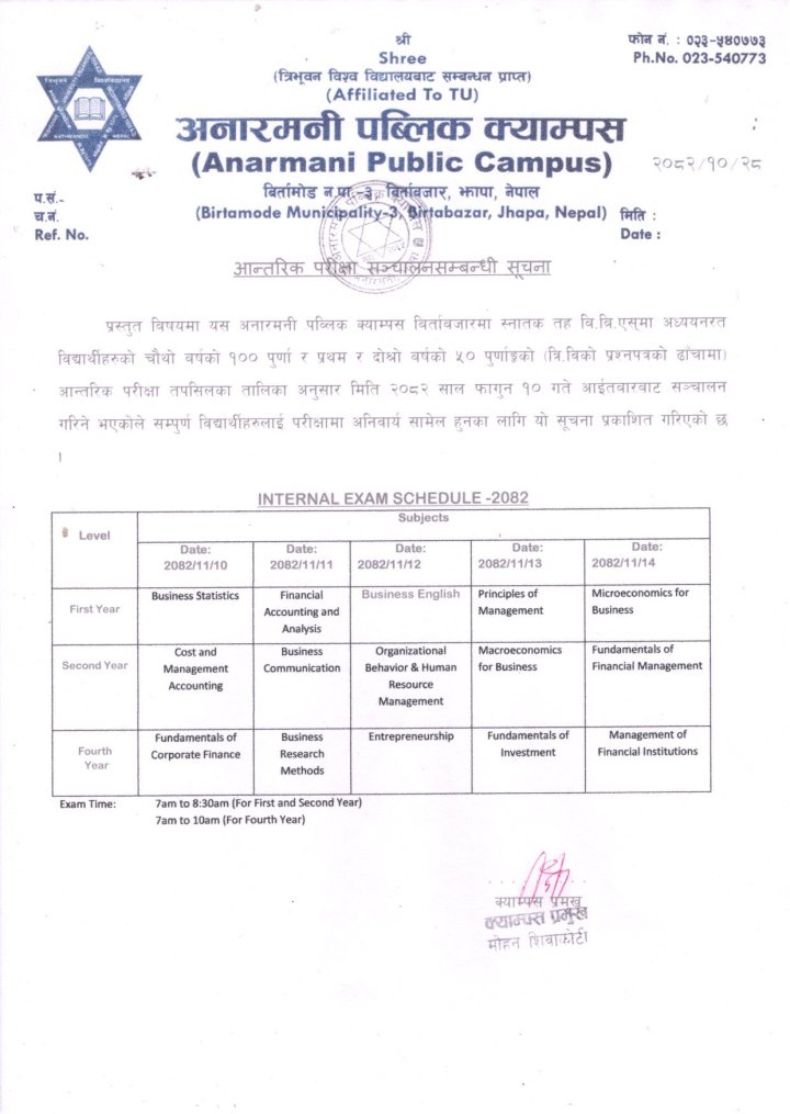 आन्तरिक परीक्षा सम्बन्धि सूचना ।
